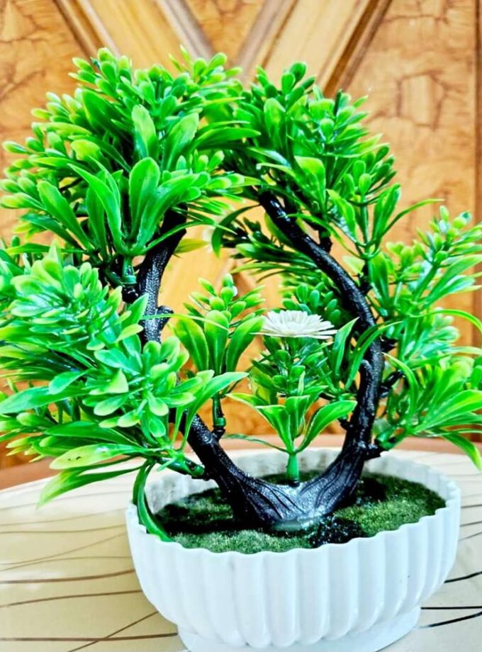 Artificial Green Leaf Circular Bonsai Plant with White Ceramic Pot