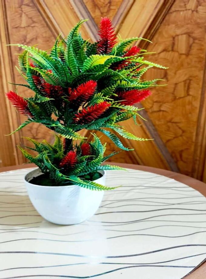 Artificial Double Loop Red Bonsai in White Ribbed Ceramic Pot